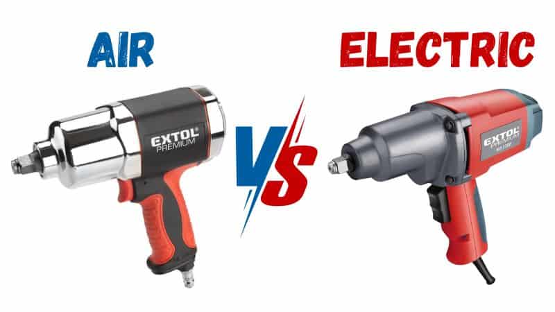 Air impact wrench labeled "AIR" vs electric impact wrench labeled "ELECTRIC," shown side by side.