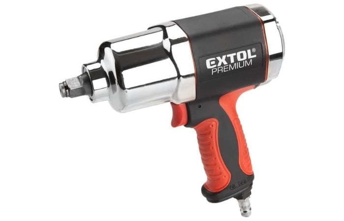 Silver and black EXTOL Premium pneumatic impact wrench with a red-black grip, on a white background.