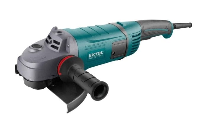 Teal and black angle grinder with side handle, guard, and "EXTOL INDUSTRIAL" label.