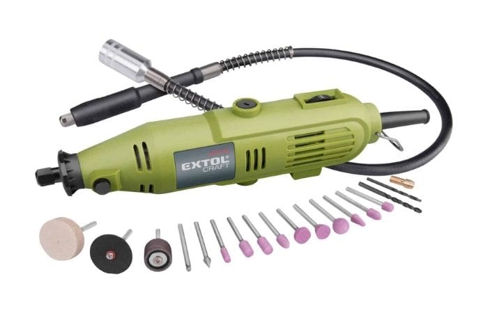 Green Extol Craft rotary tool with flexible shaft and assorted grinding, polishing, and drilling accessories below.