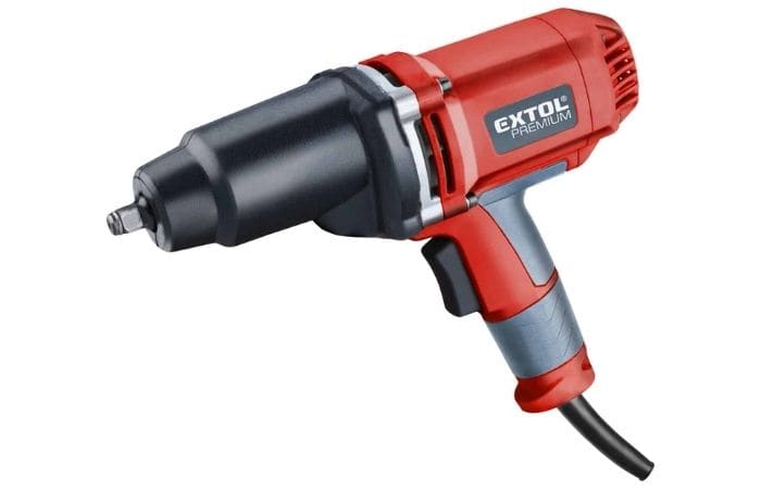 Red and black Extol Premium corded electric impact wrench on a white background.