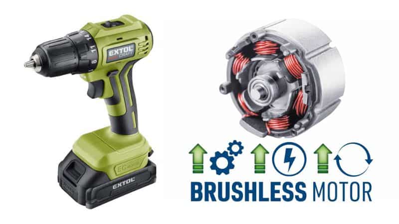 Green cordless drill beside brushless motor diagram, icons for efficiency, power, durability; text: “BRUSHLESS MOTOR.”.
