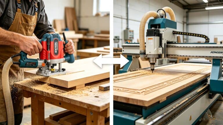 Comparación en pantalla dividida de una fresadora de madera manual operada por un carpintero a la izquierda y una gran máquina fresadora CNC tallando automáticamente un panel de madera a la derecha.
