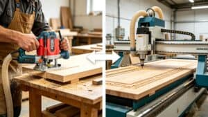 Split-screen comparison of a handheld wood router operated by a carpenter on the left and a large CNC router machine automatically carving a wooden panel on the right
