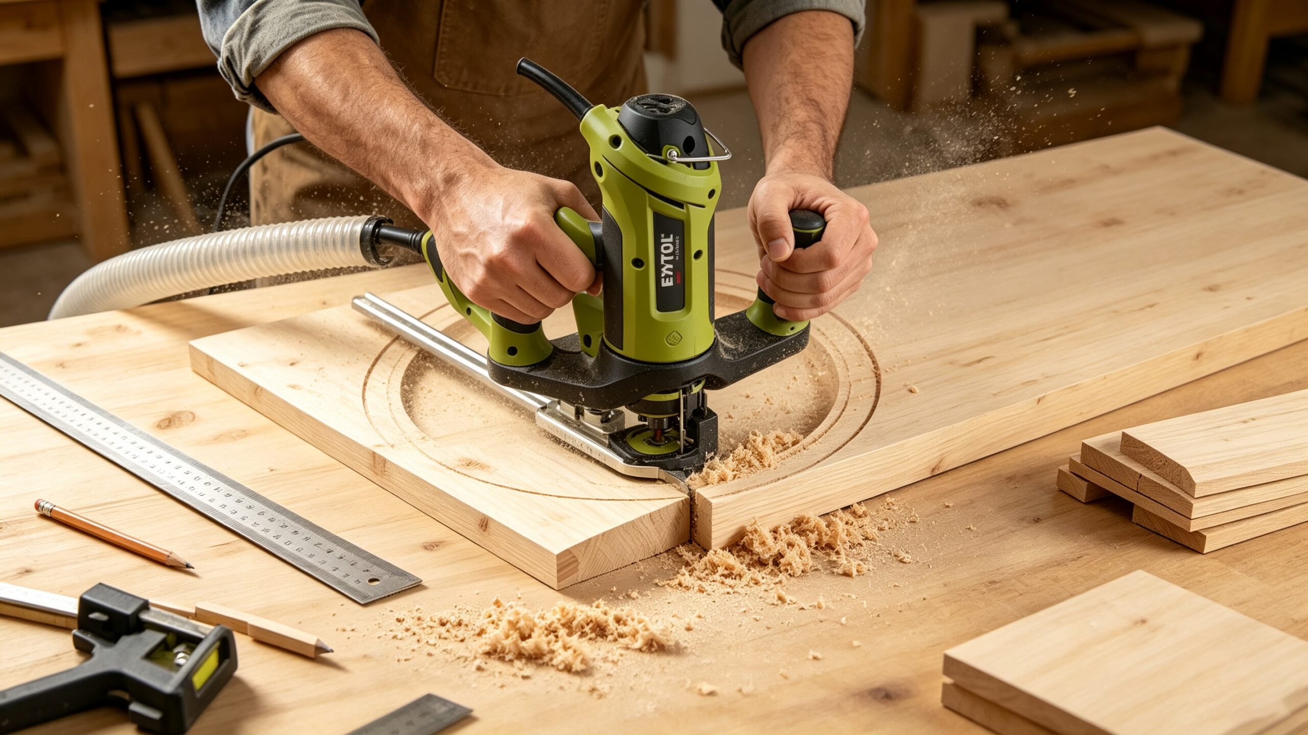 A carpenter using a handheld trim router to chamfer the edge of a wooden board