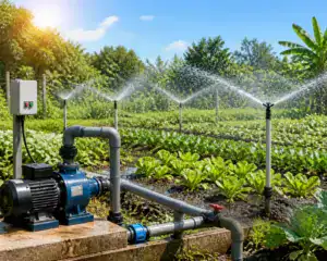 Garden irrigation pump powering a sprinkler system across a lawn