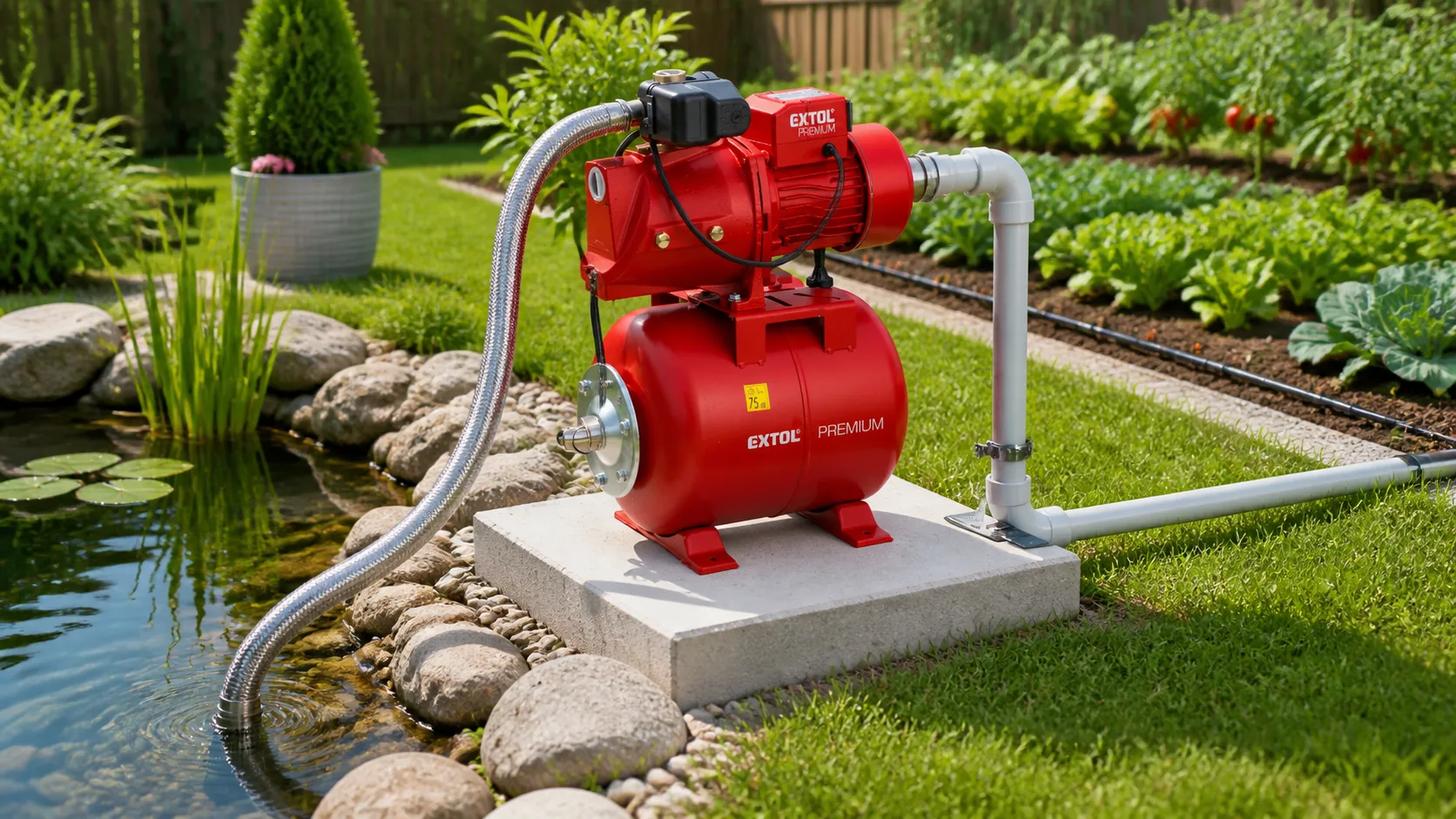 Surface pump connected to a garden pond for irrigation water supply
