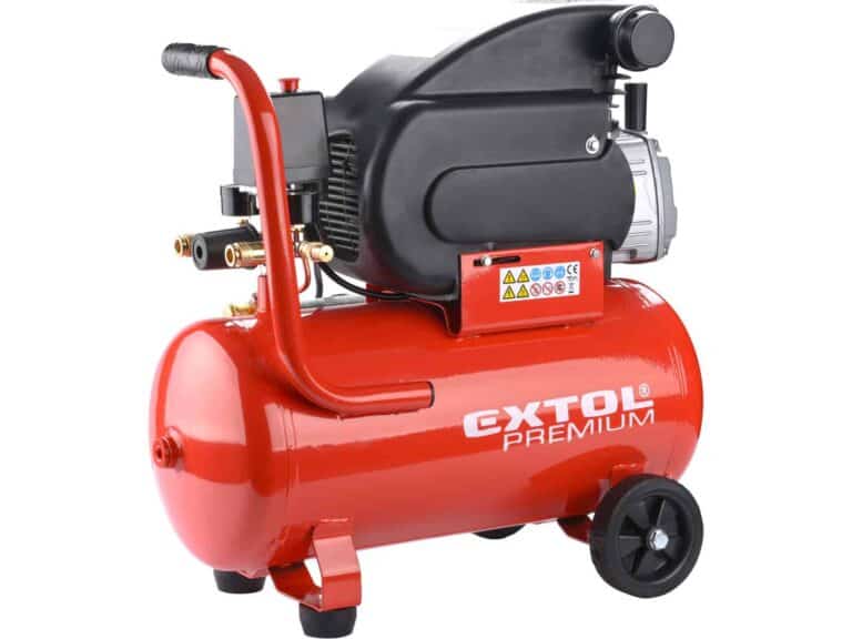 Red EXTOL air compressor with tank and motor for industrial use.