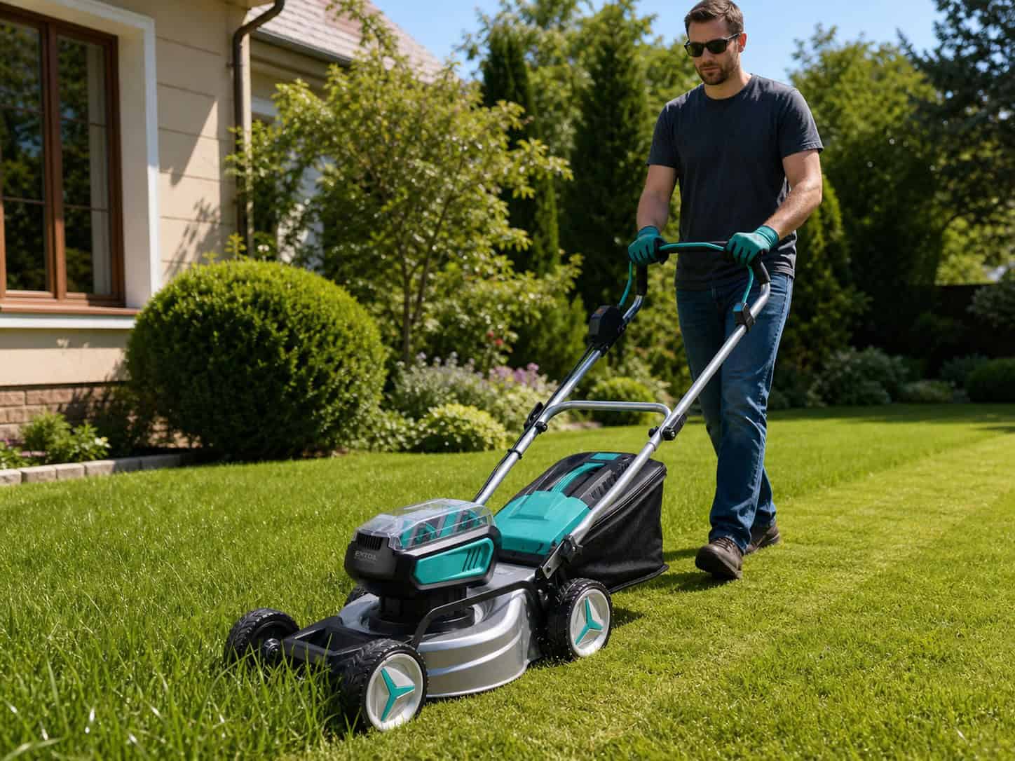 Cordless lawn mower in use, 20V vs 40V comparison