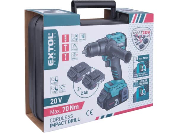 Brushless Impact Drill, SHARE20V, 70 Nm, 2× 2Ah Batteries
