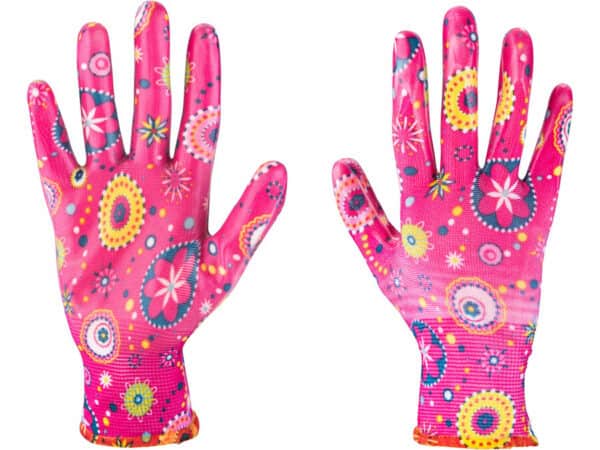 Pink Garden Polyester Gloves, Nitrile-Coated, Size 8