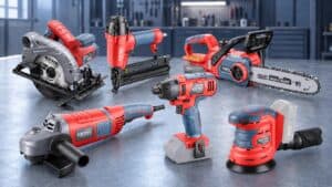 EXTOL power tools including saw, drill, and sander for professional use.