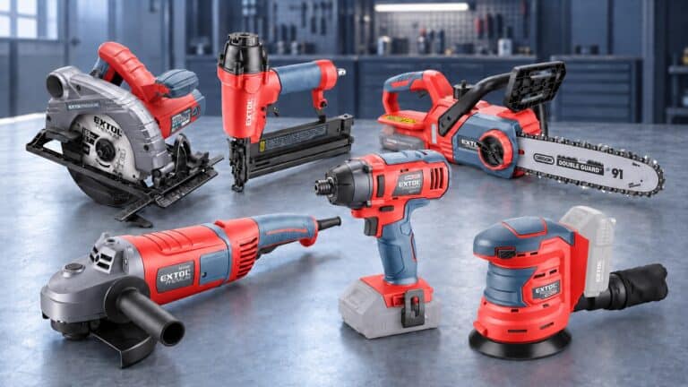 EXTOL power tools including saw, drill, and sander for professional use.