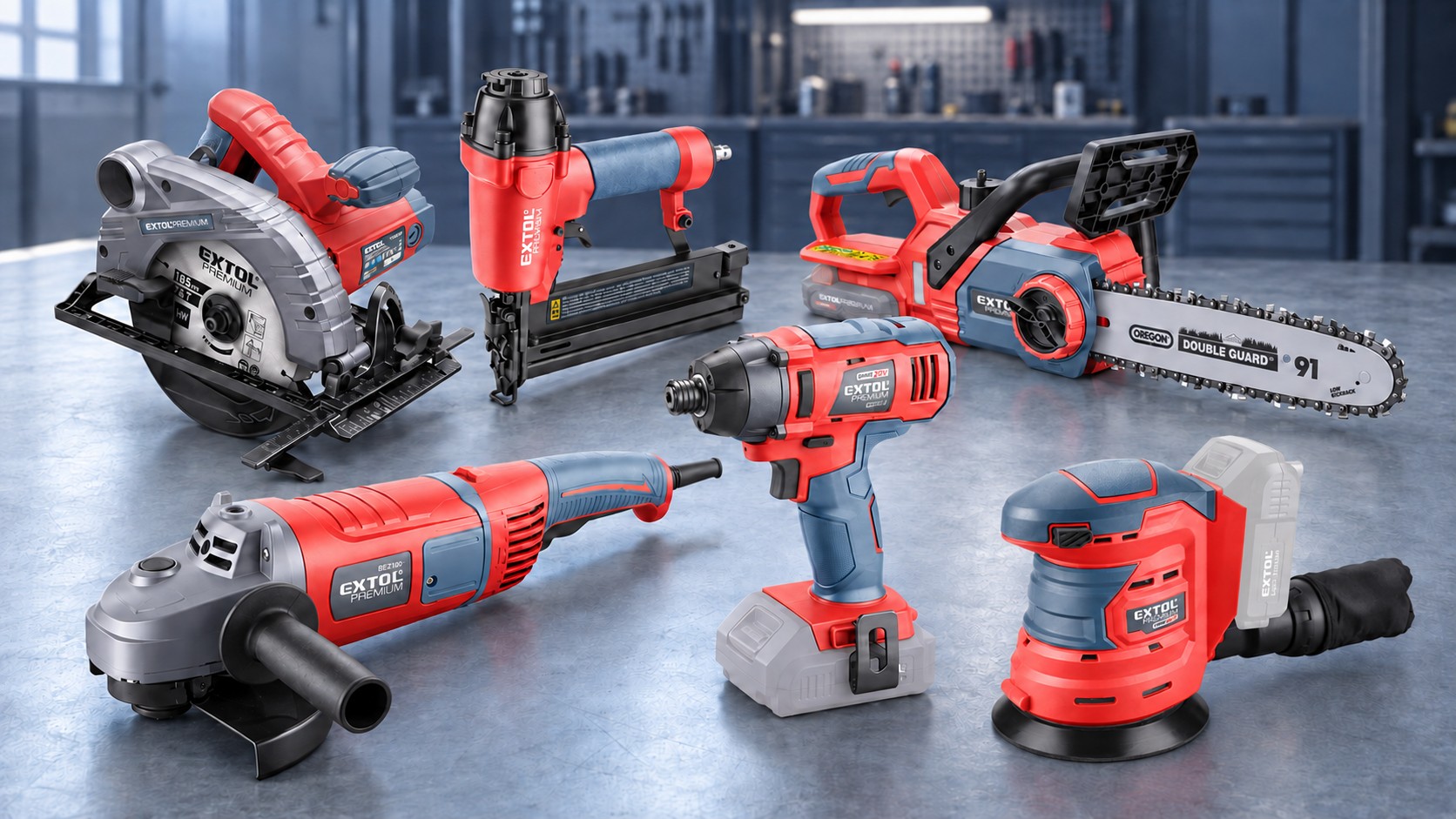 EXTOL power tools including saw, drill, and sander for professional use.